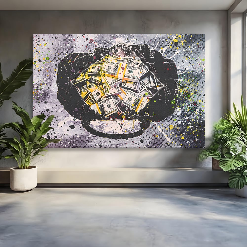 Tablou canvas cu pictura valiza plina cu dolari, fara rama, pe sasiu de lemn